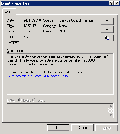 Errore 1067: Could not start cluster service Windows 2003 Server