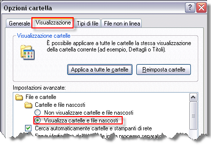 Impossibile settare l'opzione "Visualizza Cartelle e File Nascosti" in Windows XP