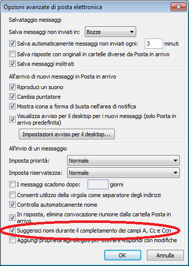 Utilizzo della caratteristica del Completamento automatico del nome in Outlook (file .NK2)