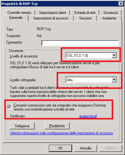 Configurare la connessione RDP ad un server Microsoft con certificato SSL (TLS 1.0)
