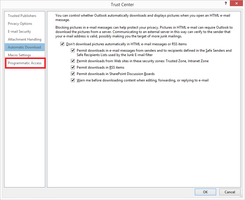 Cambiare le opzioni dell' "Accesso Programmatico” in Outlook - ObjectModelGuard