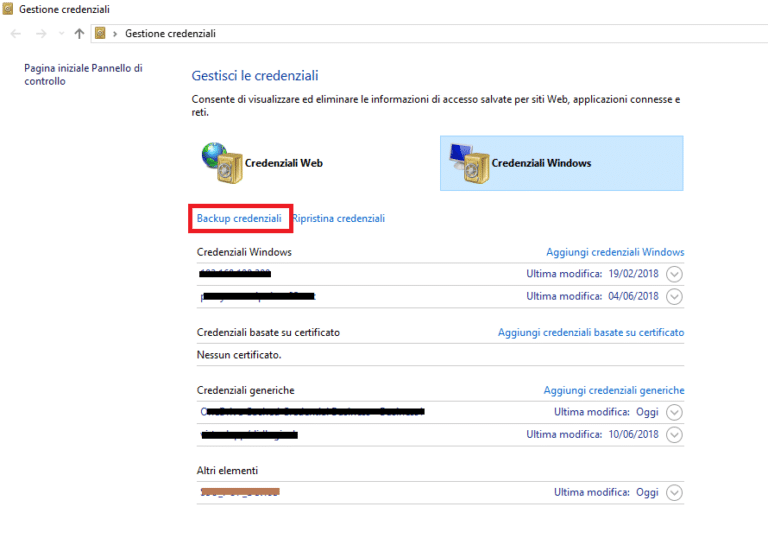 Backup E Restore Delle Credenziali Di Windows E  In Windows 10