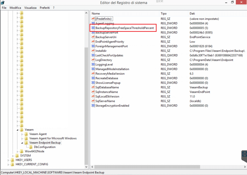 Modifica o disattivazione dell'Allarme low on free disk space in Veeam Agent for Microsoft Windows