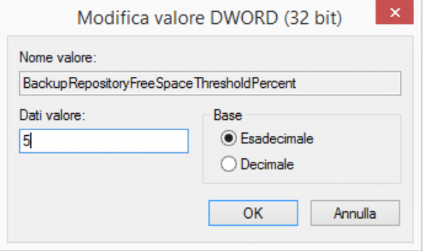 Modifica o disattivazione dell'Allarme low on free disk space in Veeam Agent for Microsoft Windows