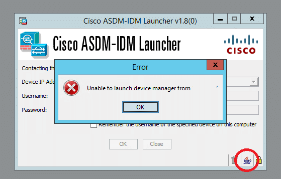 Problema Java su Cisco ASDM - Unable to launch device manager from