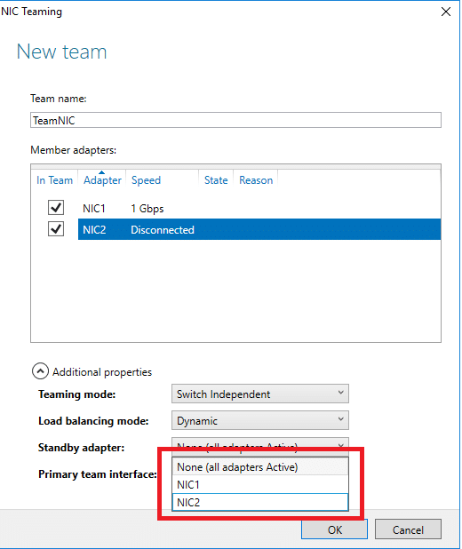 Configurazione del NIC Teaming in Microsoft Windows Server 2016