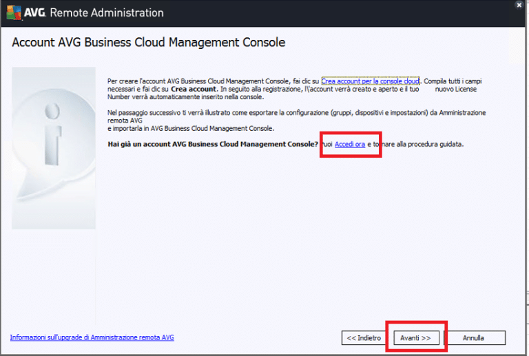 Upgrade da AVG Amministrazione Remota ad AVG Business Cloud Management ...