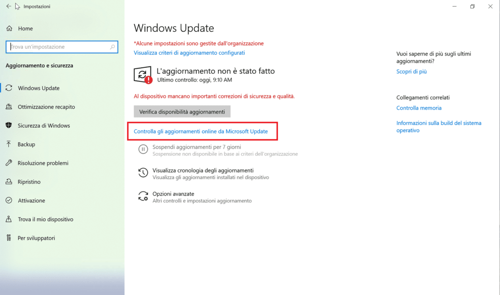 Windows 10 20H2 - Errore Windows Update: Al dispositivo mancano importanti correzioni di sicurezza e qualità.