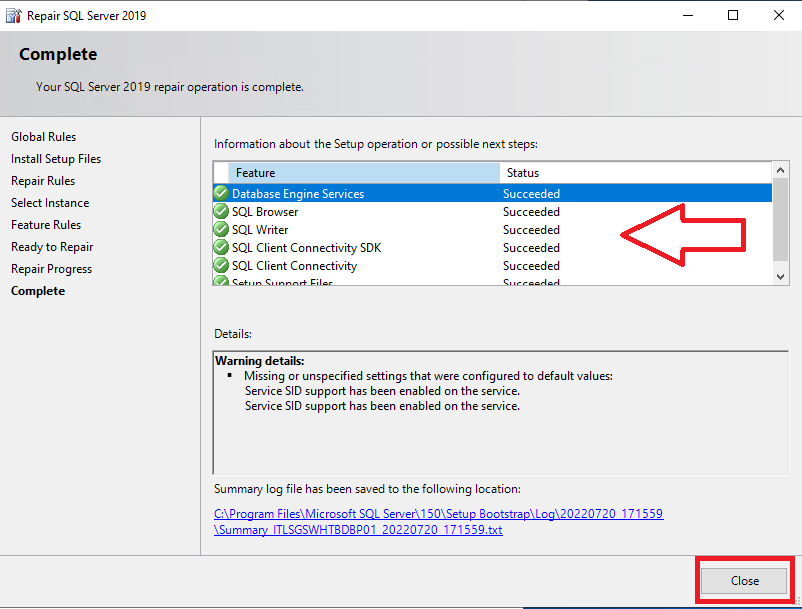 Riparare un'installazione non riuscita di Microsoft SQL Server 2019