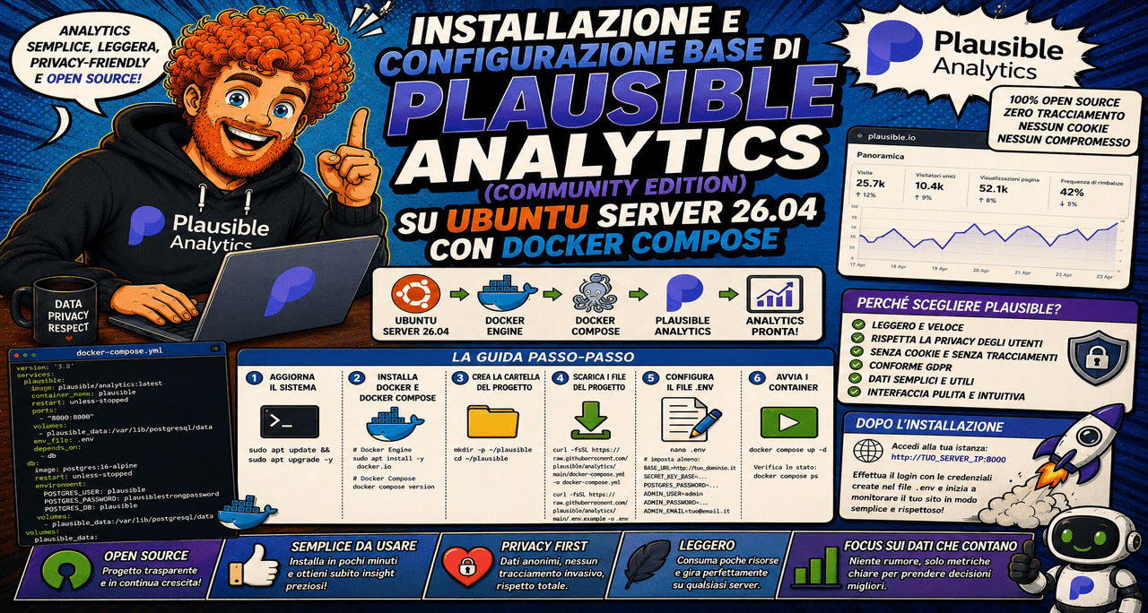 Installazione e Configurazione Base di Plausible Analytics (Community Edition) su Ubuntu Server 26.04 con Docker Compose