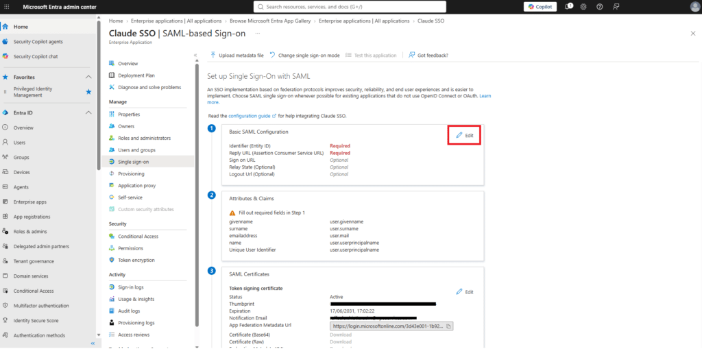 Configurazione autenticazione SSO SAML tra Anthropic Claude Team e il tenant Microsoft Entra ID - Raffaele Chiatto