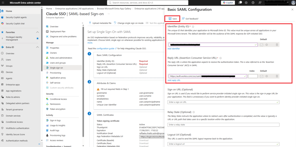 Configurazione autenticazione SSO SAML tra Anthropic Claude Team e il tenant Microsoft Entra ID - Raffaele Chiatto