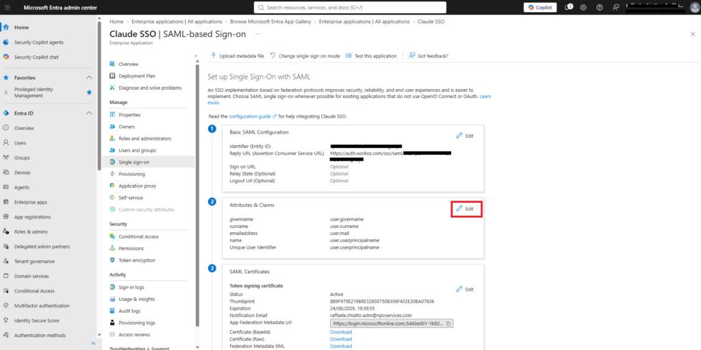 Configurazione autenticazione SSO SAML tra Anthropic Claude Team e il tenant Microsoft Entra ID - Raffaele Chiatto