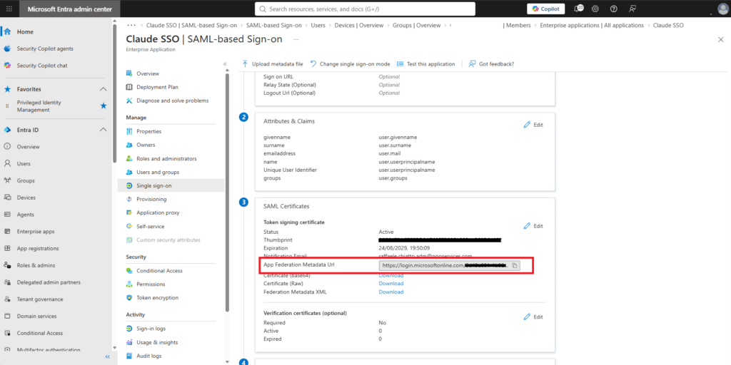Configurazione autenticazione SSO SAML tra Anthropic Claude Team e il tenant Microsoft Entra ID - Raffaele Chiatto