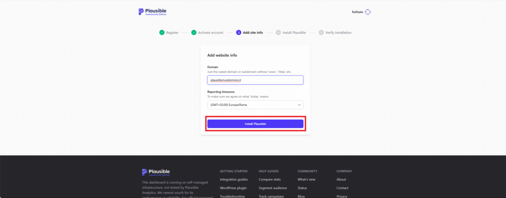 Installazione e Configurazione Base di Plausible Analytics (Community Edition) su Ubuntu Server 26.04 con Docker Compose - Raffaele Chiatto
